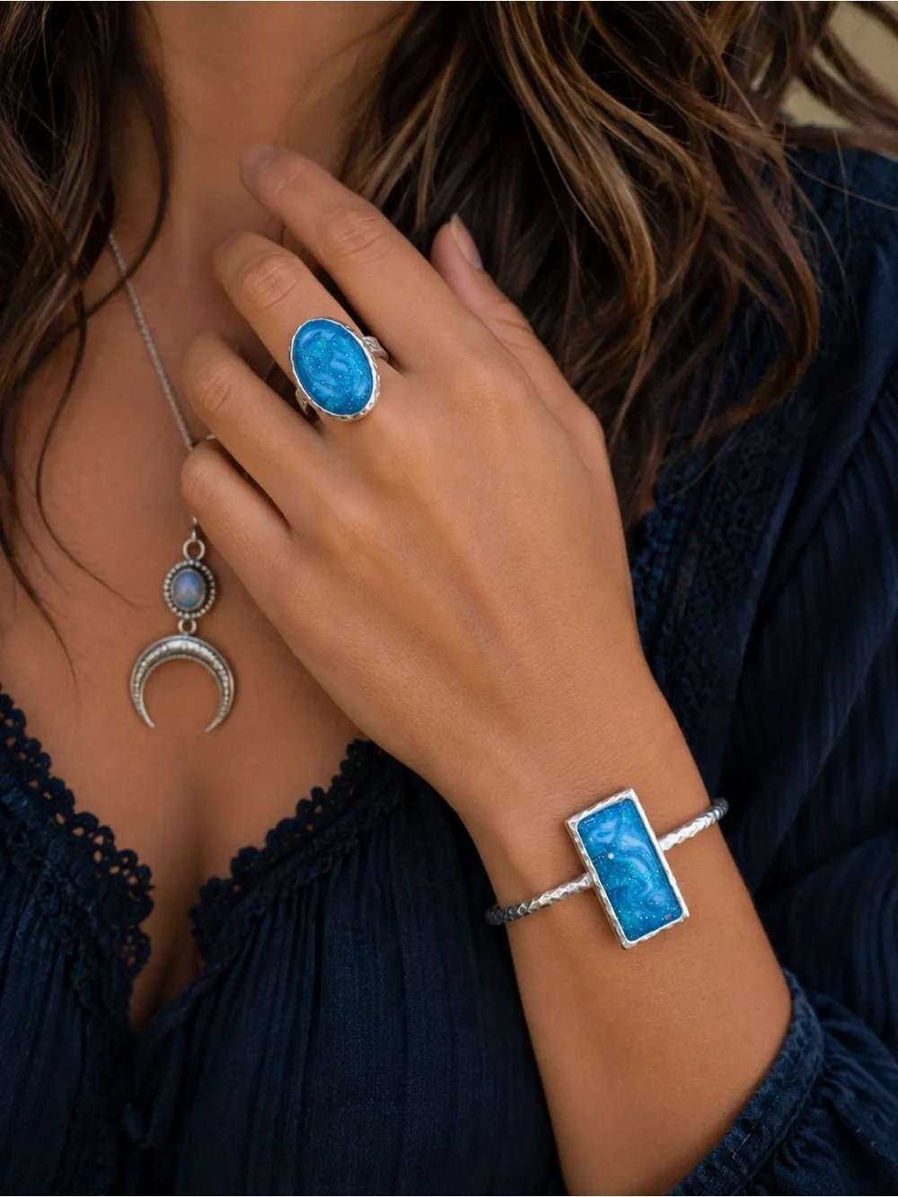 Handmade Ocean Blue Jewelry Set | Matching Statement Ring & Cuff | Coastal Boho